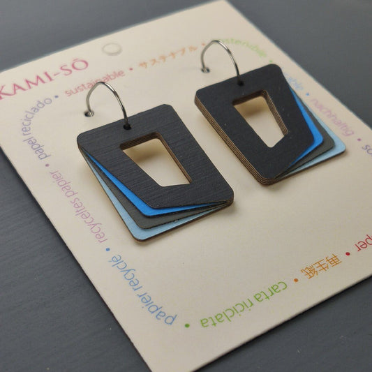 Rectangle Layered Recycled Paper Earrings - Black, Blue & Grey