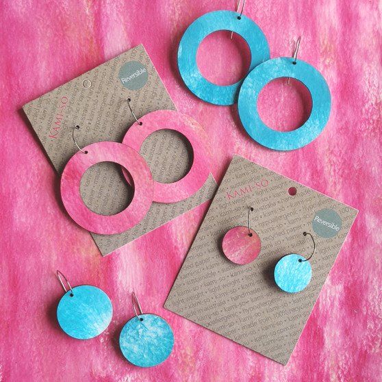 Reversible Circle Recycled Paper Earrings - Pink / Blue