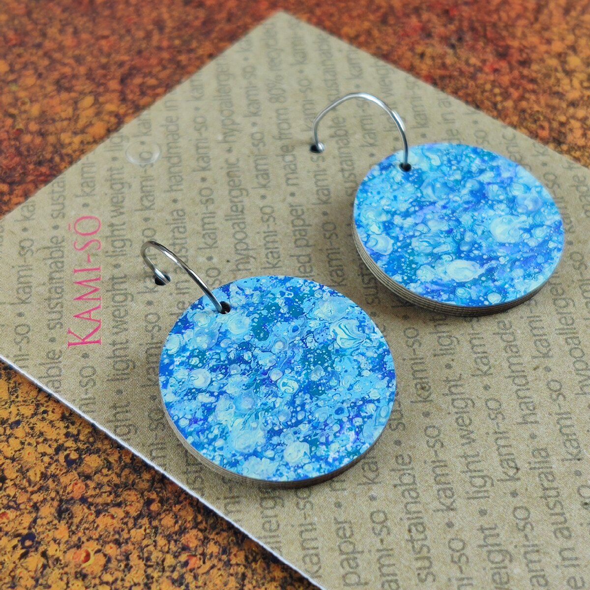 Reversible Circle Recycled Paper Earrings - Blue Speckle / Copper Crackle