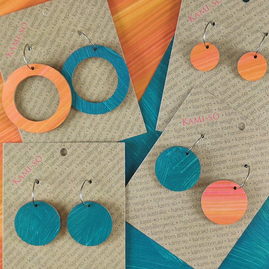 Reversible Circle Recycled Paper Earrings - Blue Green Swipe / Orange Stripes