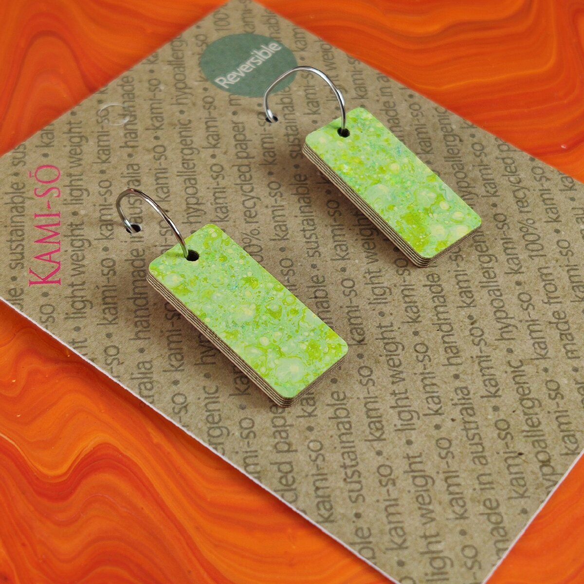 Reversible Rectangle Recycled Paper Earrings - Orange / Bright Green Speckle