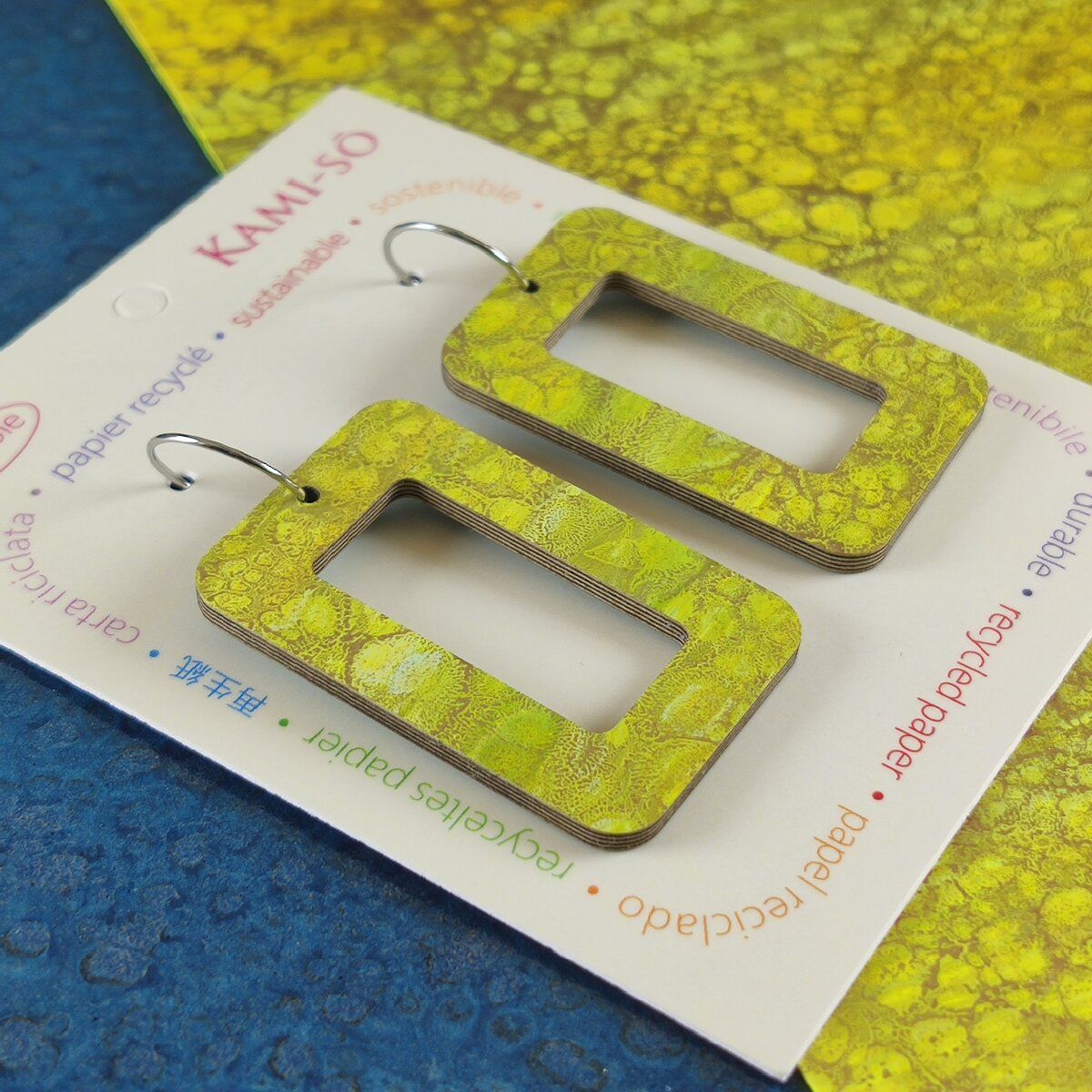 Reversible Rectangle Recycled Paper Earrings - Citrine Crackle / Dark Blue Crackle