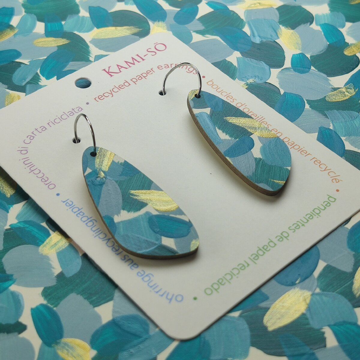 Oval Recycled Paper Earrings - Teal & Gold