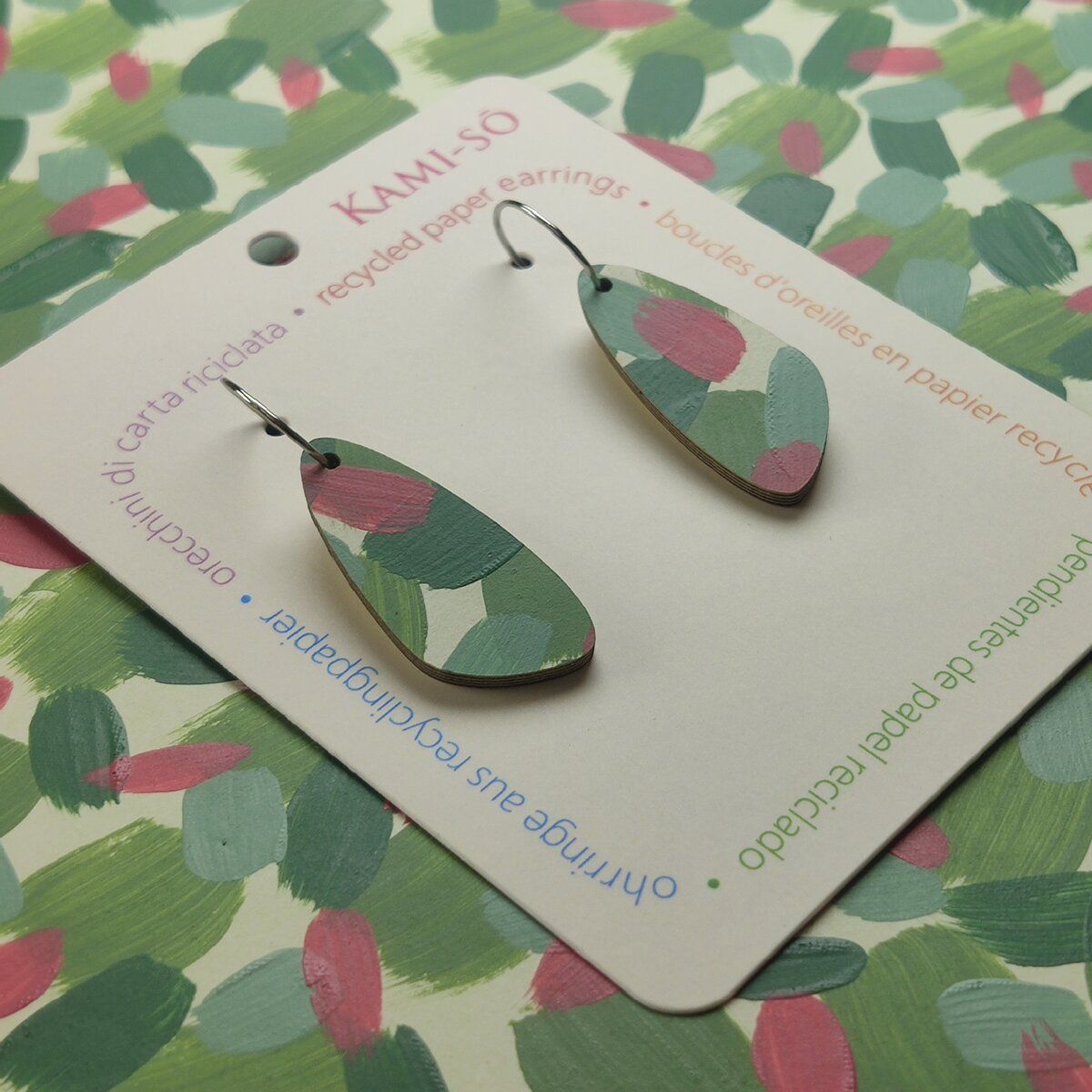 Oval Recycled Paper Earrings - Green & Rose