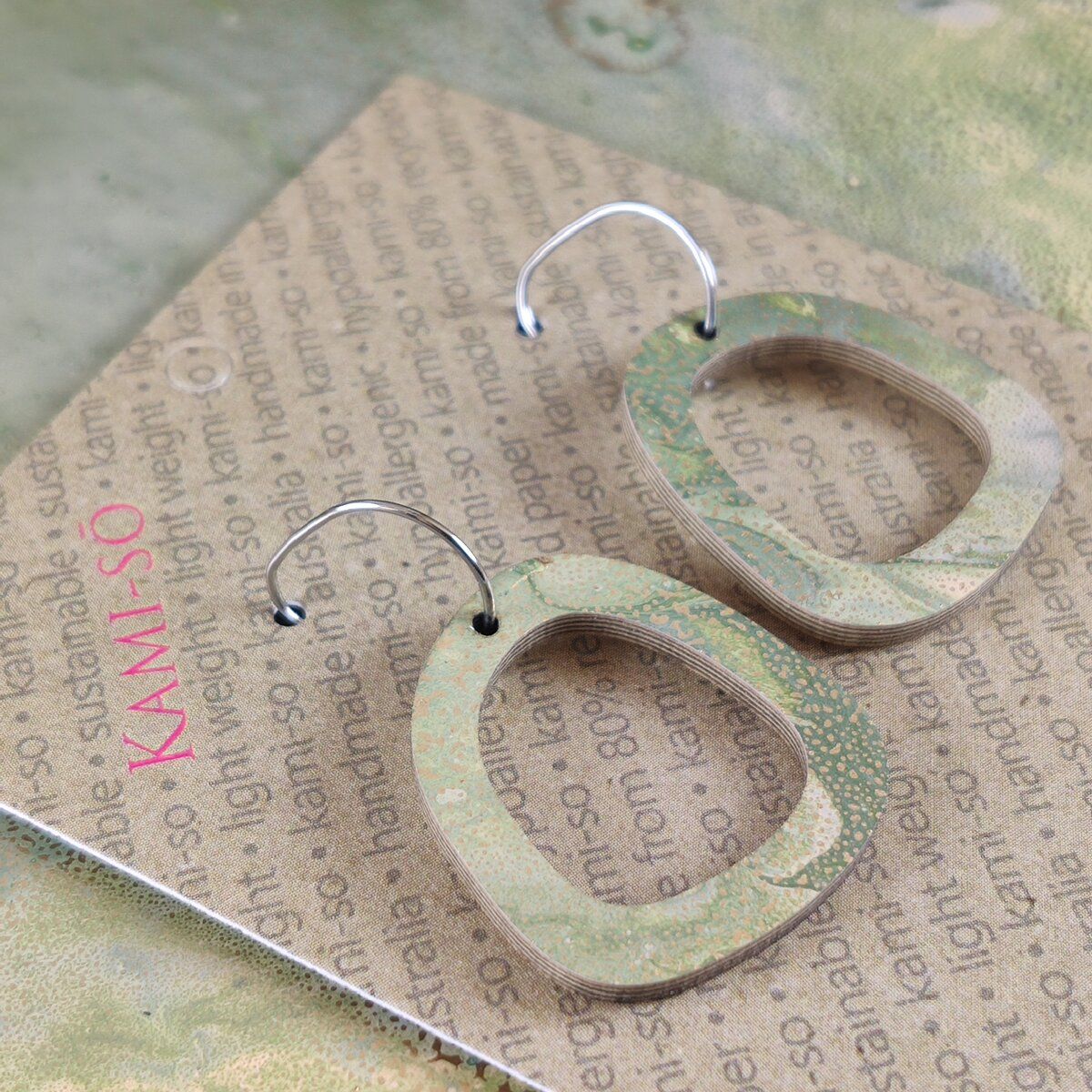 Mini Recycled Paper Earrings - Green Gold Crackle