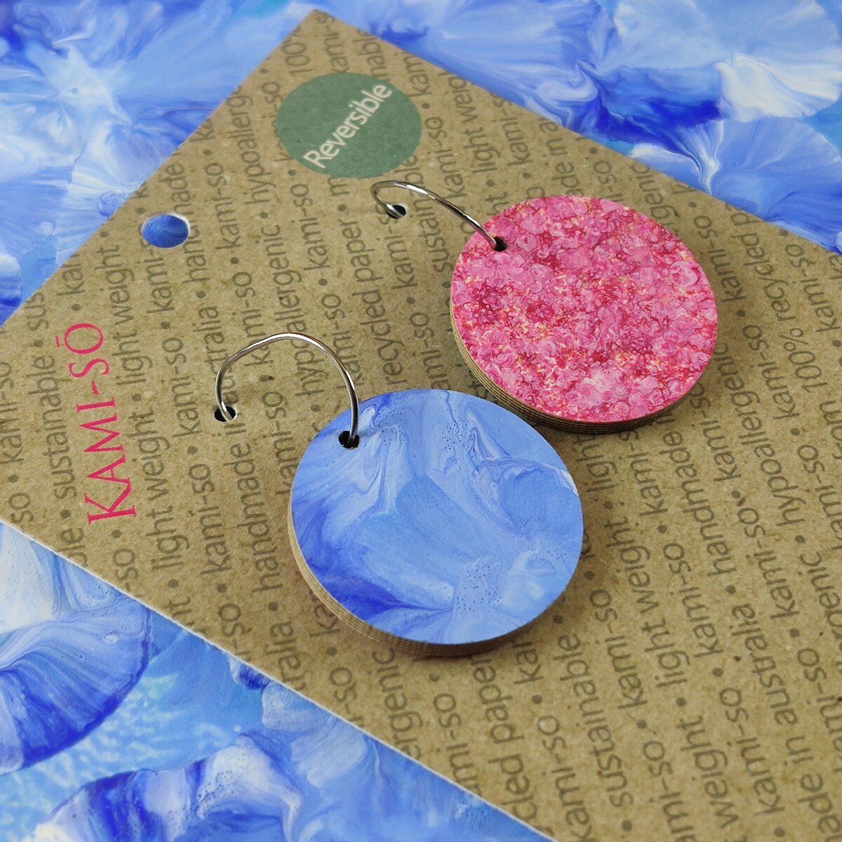 Reversible Circle Recycled Paper Earrings - Rose Speckle / Blue & White