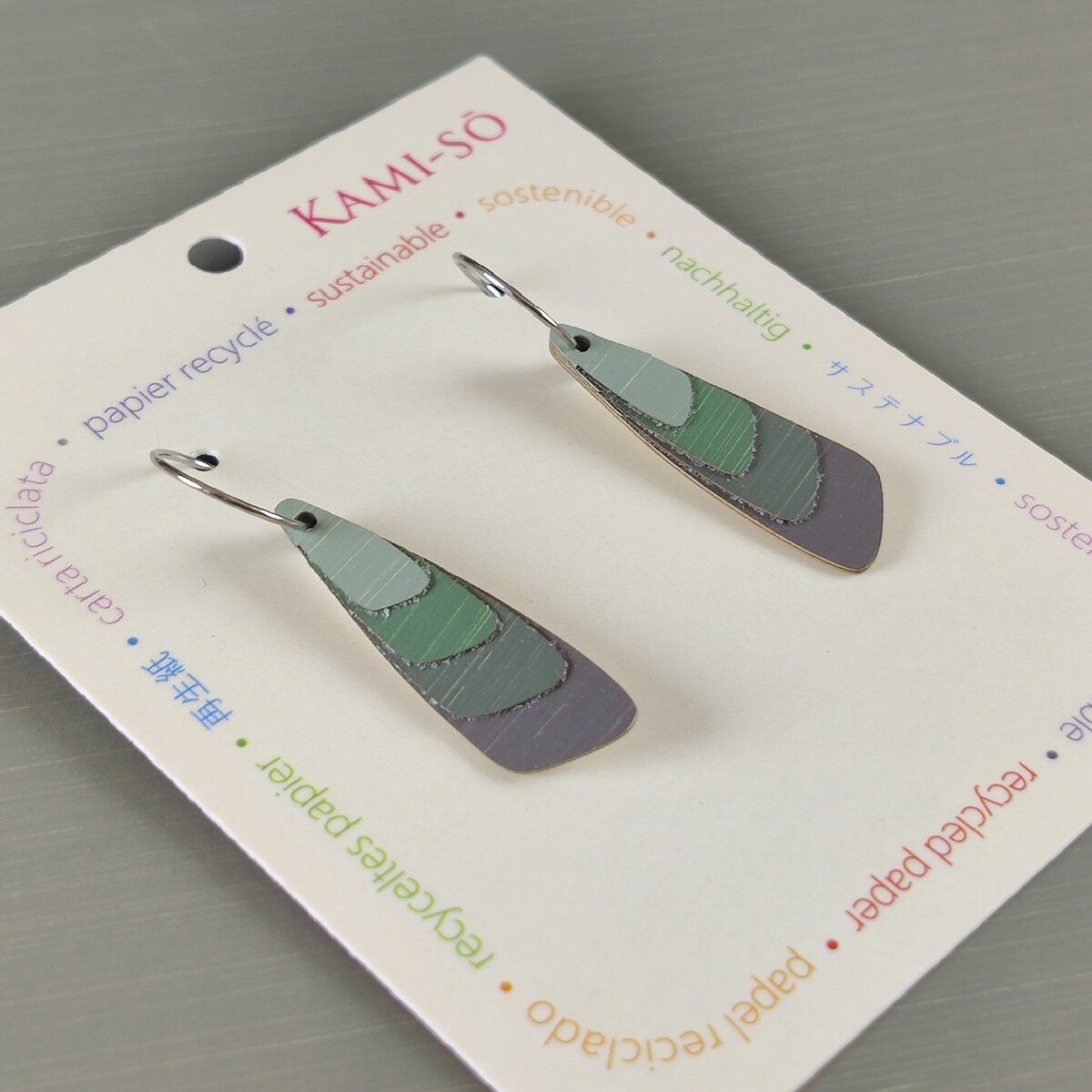 Triangle Layered Recycled Paper Earrings - Green & Grey