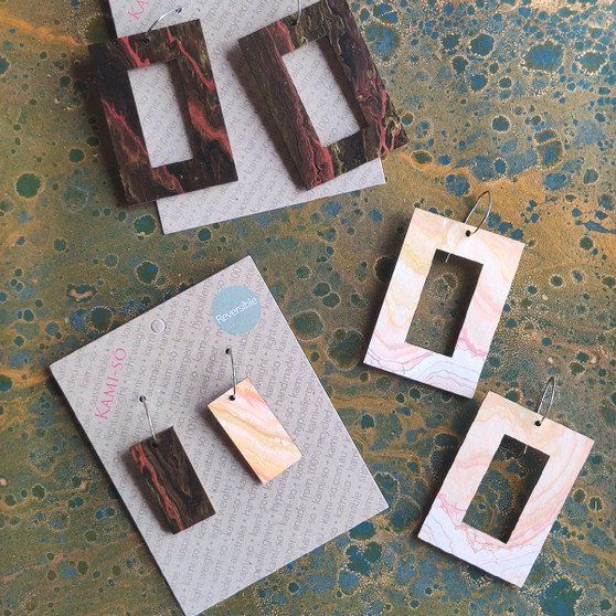 Reversible Rectangle Recycled Paper Earrings - Earthy / Black, Pink & Gold