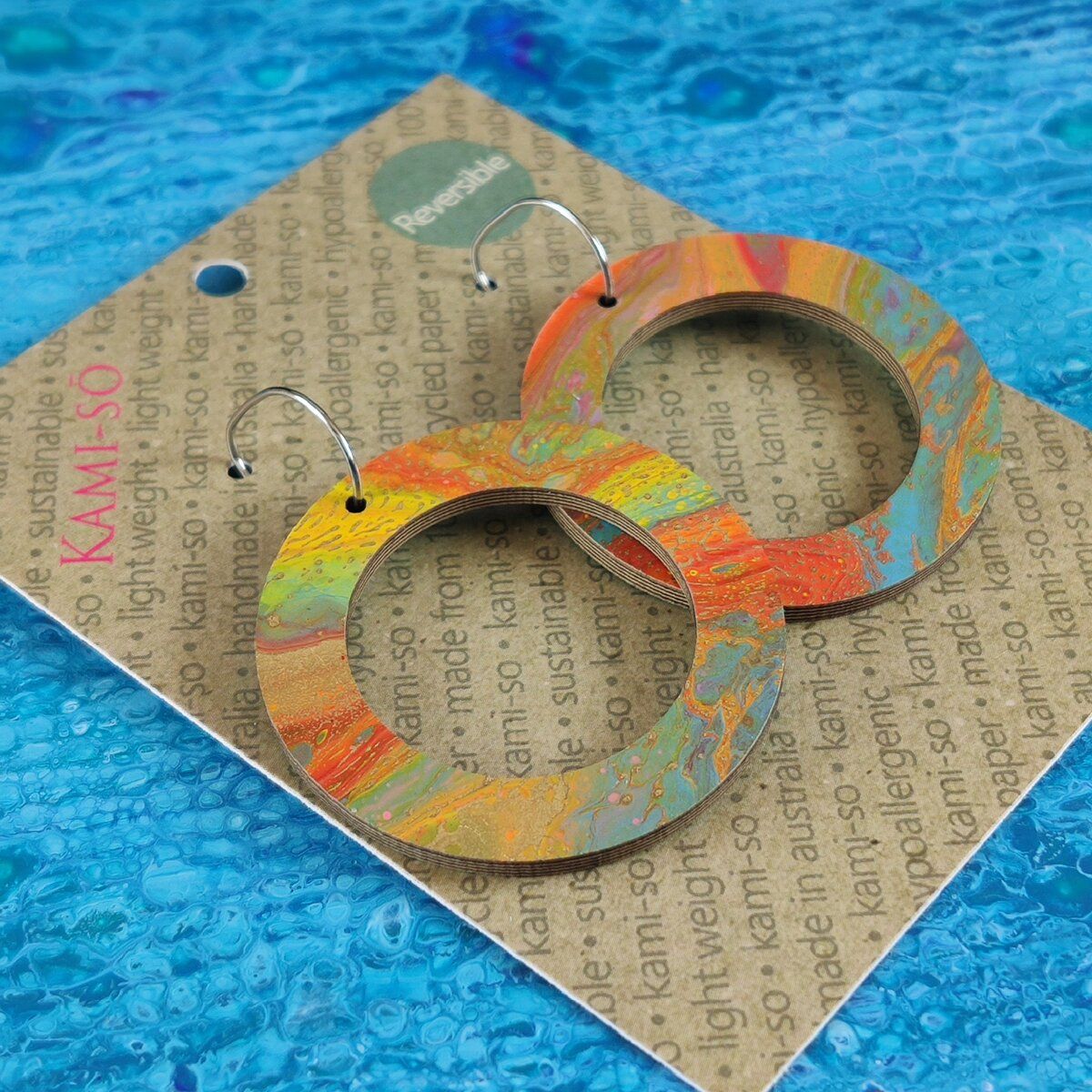 Reversible Circle Recycled Paper Earrings - Turquoise / Gold Multicolour