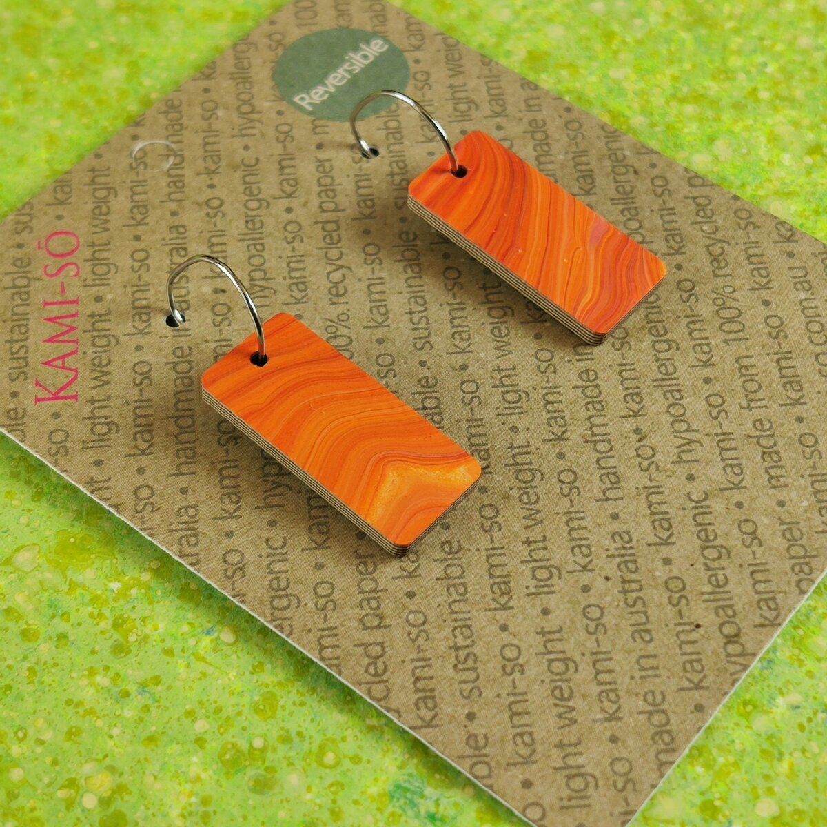 Reversible Rectangle Recycled Paper Earrings - Orange / Bright Green Speckle