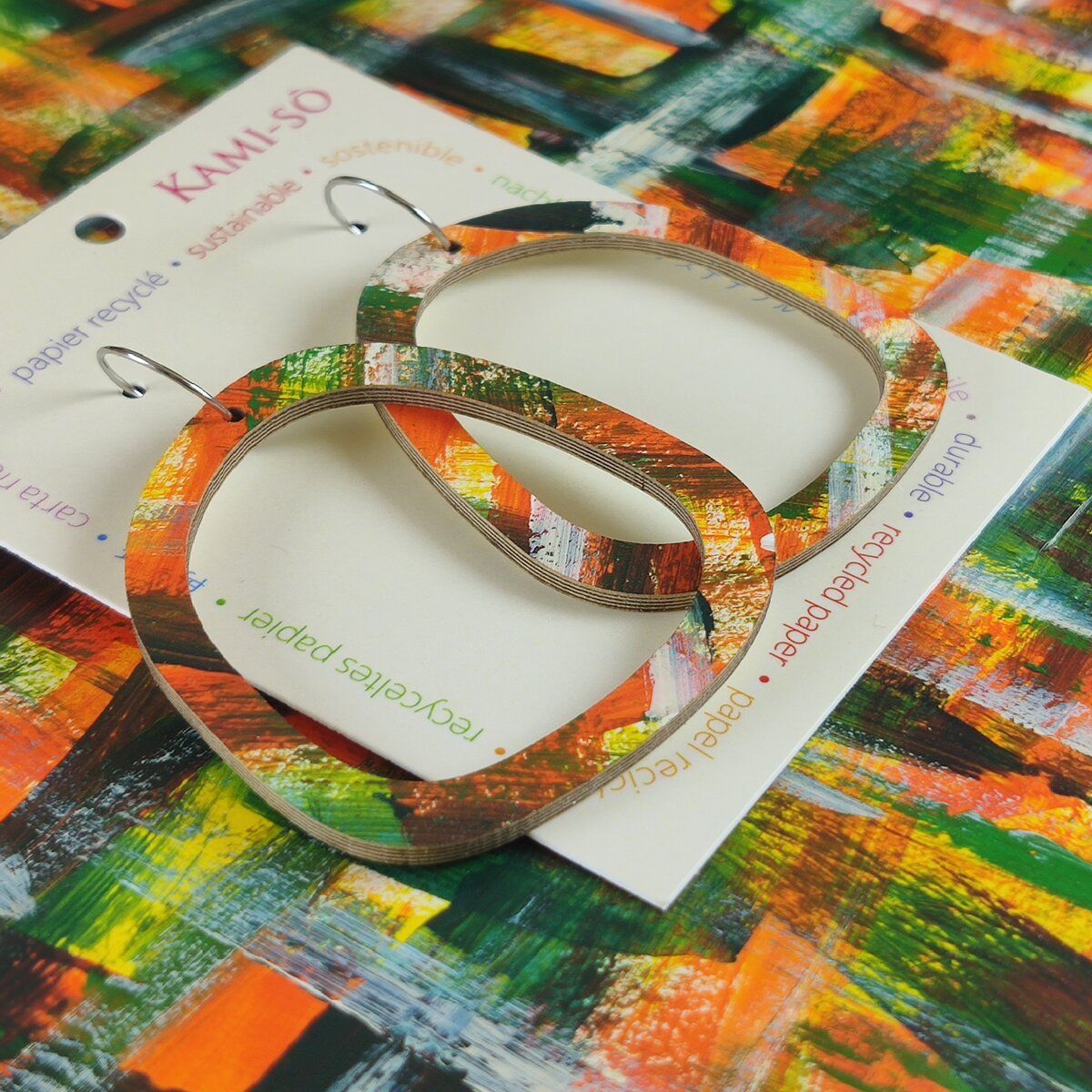 Square Recycled Paper Earrings - Orange, Yellow, Green & White Brushstrokes