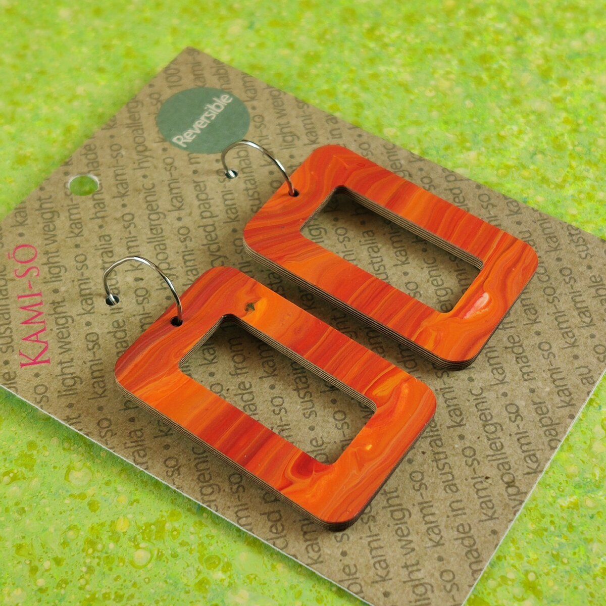 Reversible Rectangle Recycled Paper Earrings - Orange / Bright Green Speckle