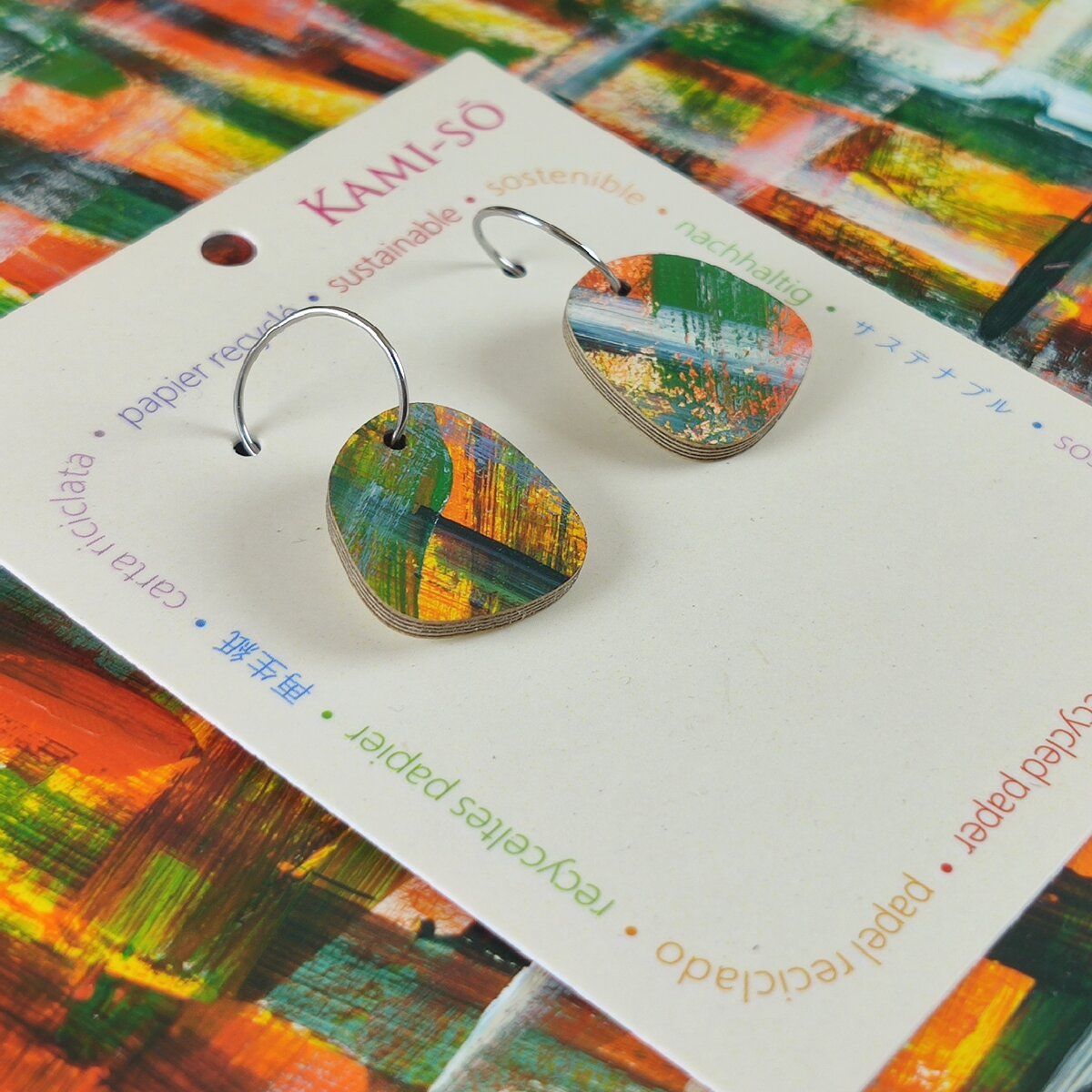 Square Recycled Paper Earrings - Orange, Yellow, Green & White Brushstrokes