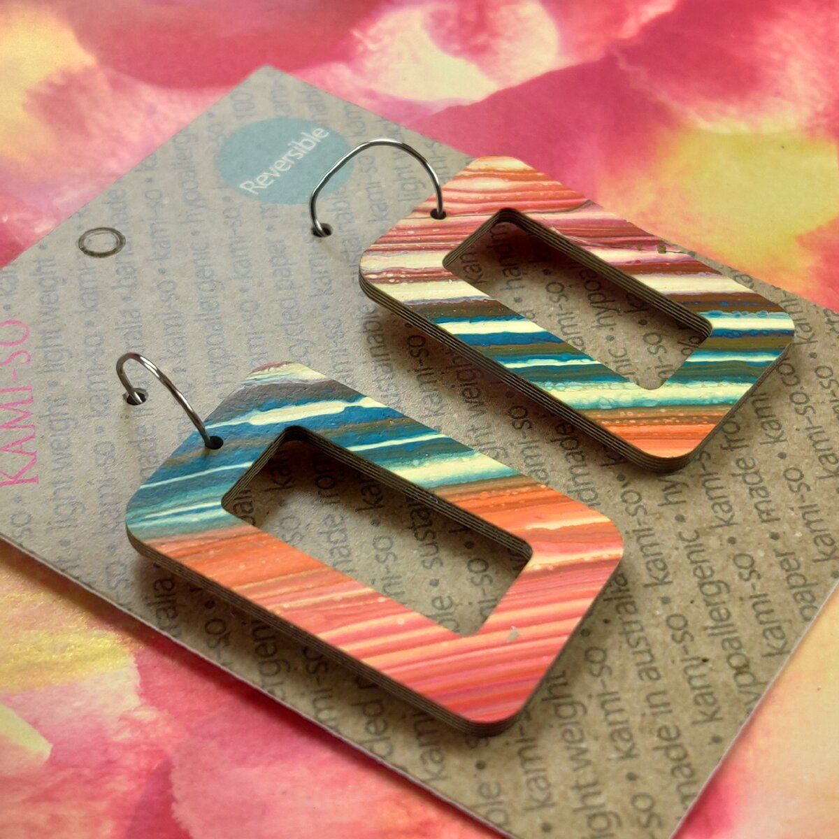 Reversible Rectangle Recycled Paper Earrings - Multicolour Swipe / Rose Gold