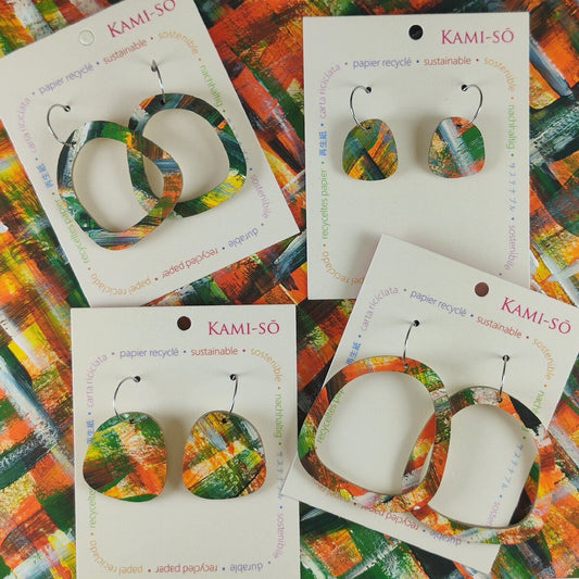 Square Recycled Paper Earrings - Orange, Yellow, Green & White Brushstrokes
