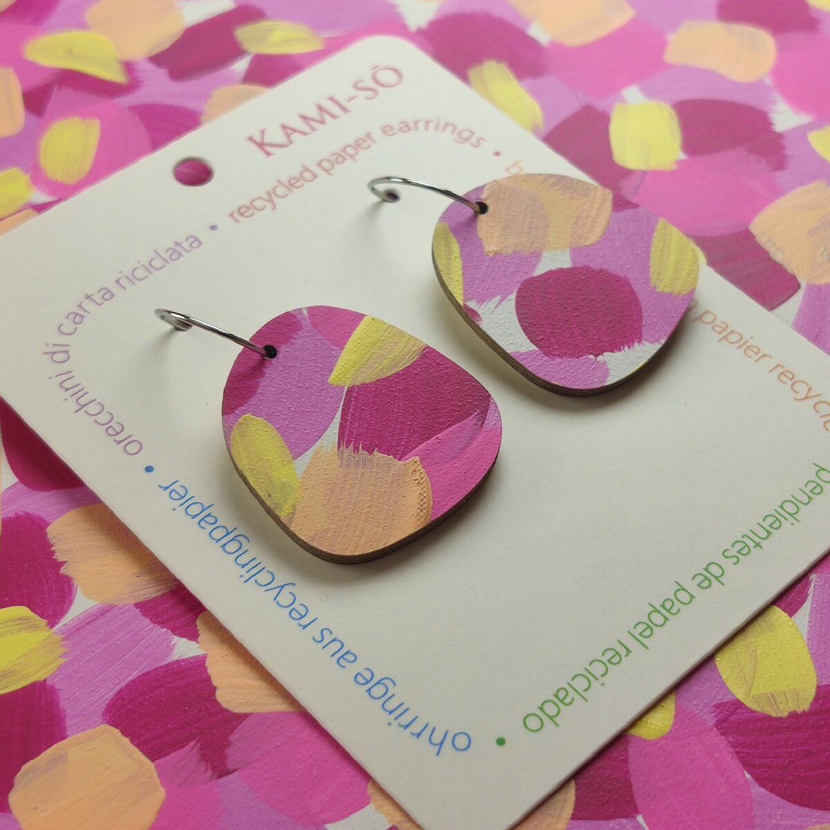 Square Recycled Paper Earrings - Pink, Yellow & Aricot
