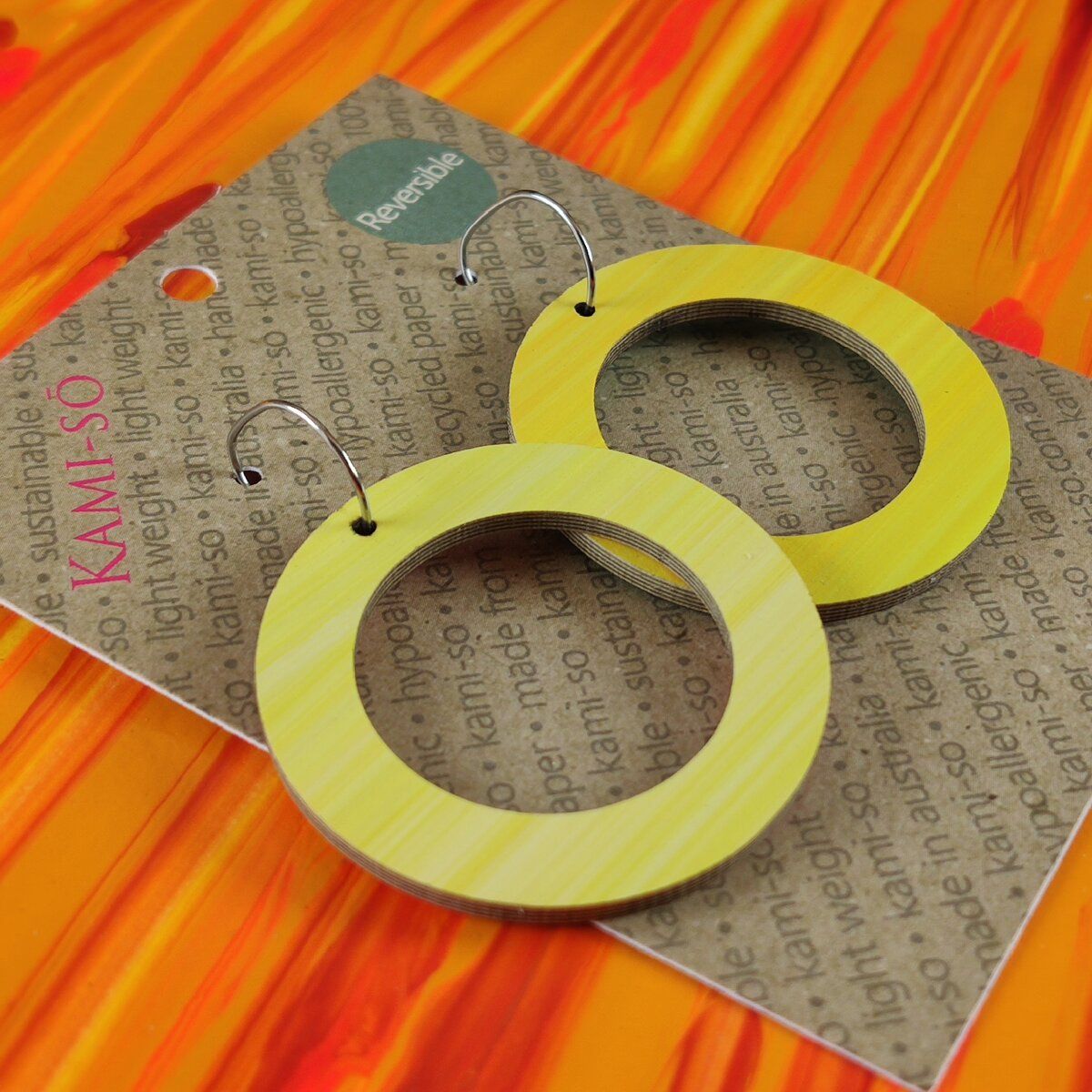 Reversible Circle Recycled Paper Earrings - Orange Swipe / Yellow Stripe