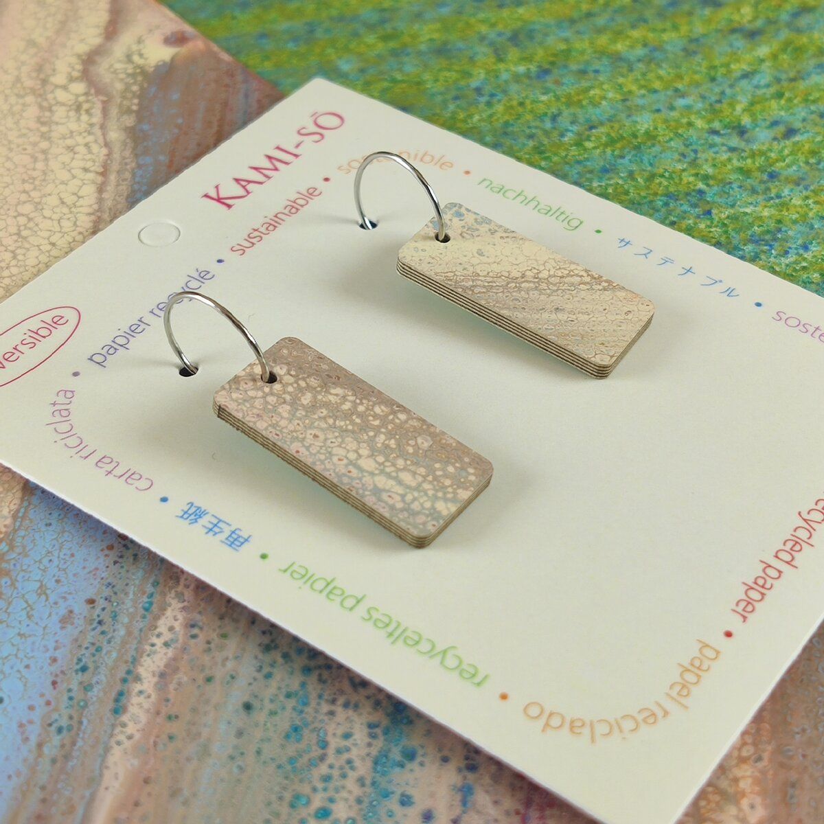 Reversible Rectangle Recycled Paper Earrings - Muted Slate Crackle / Blue Green Speckle