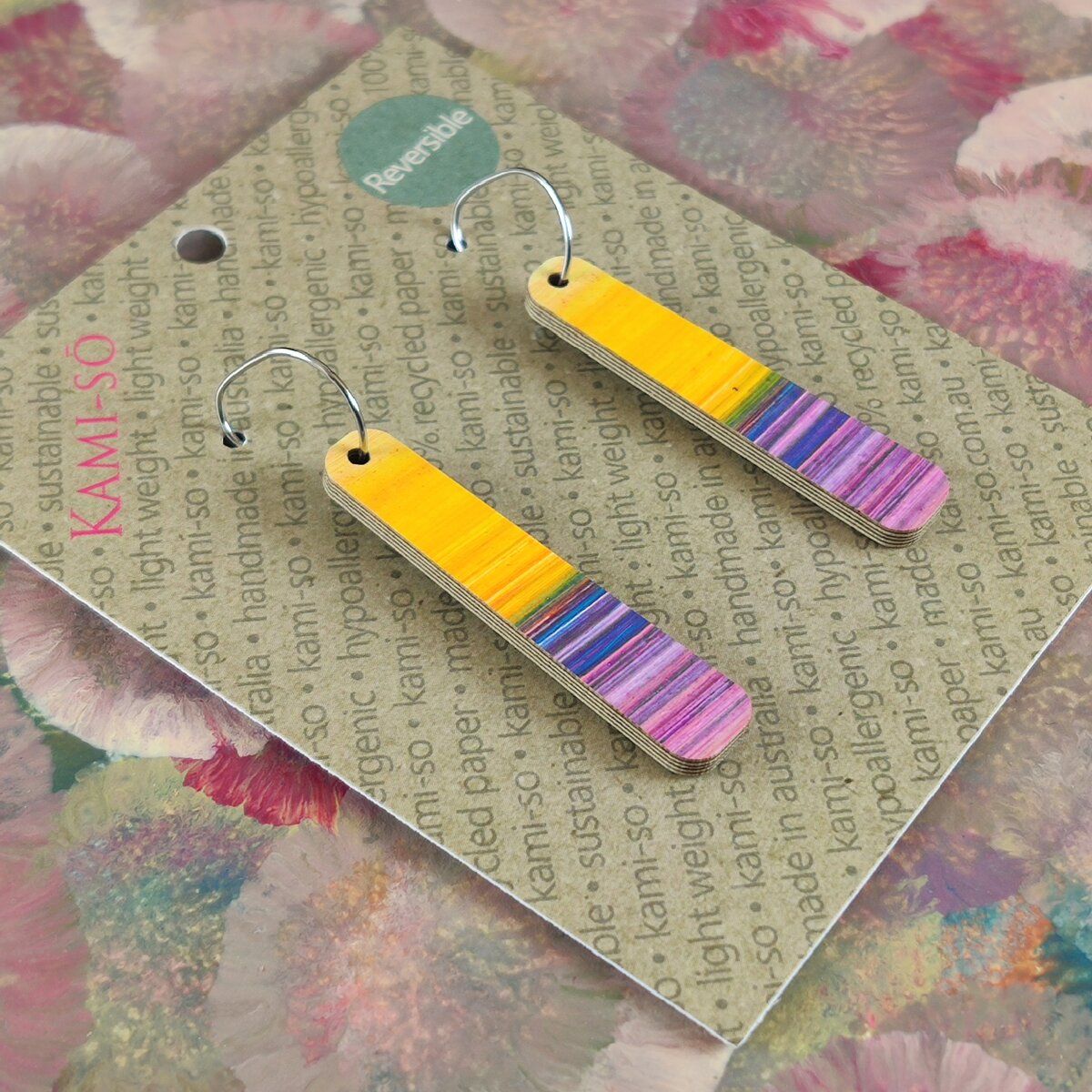 Reversible Paddle Recycled Paper Earrings - Bright Multicolour Stripes / Plum Multicolour