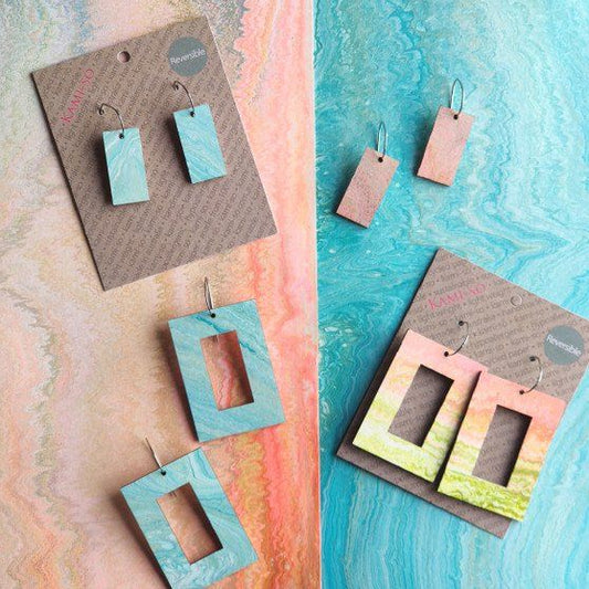 Reversible Rectangle Recycled Paper Earrings - Pale Pink & Green / Pale Blue