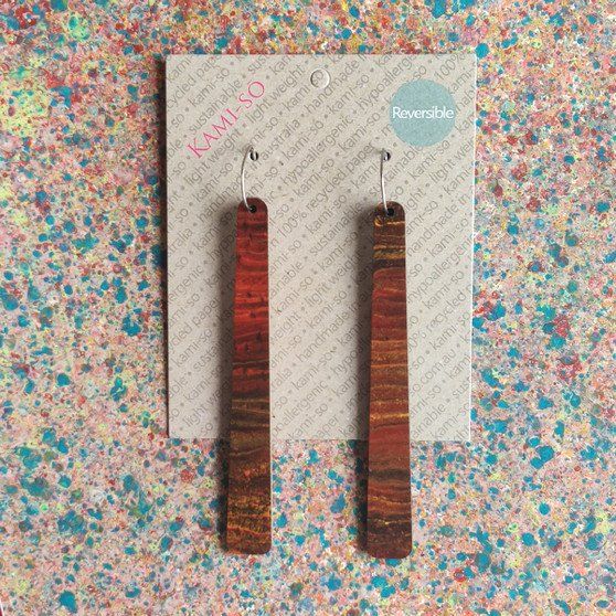 Reversible Paddle Recycled Paper Earrings - Brown Stripe / Speckle