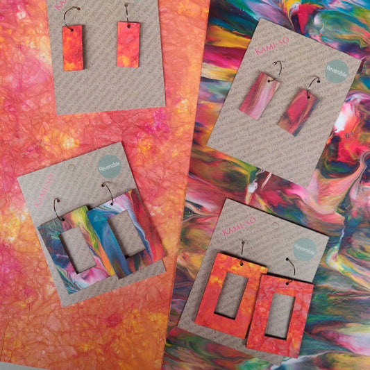 Reversible Rectangle Recycled Paper Earrings - Multicolour / Textured Orange