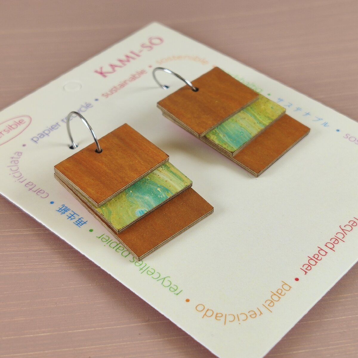 Reverse-A-Tile Fan Rectangle Recycled Paper Earrings - Brown & Green Gold / Chocolate, Yellow & Red