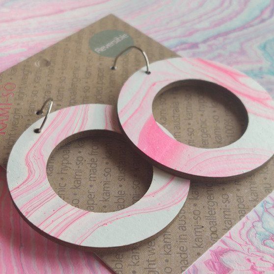 Reversible Circle Recycled Paper Earrings - Blue & Pink / Pink & White