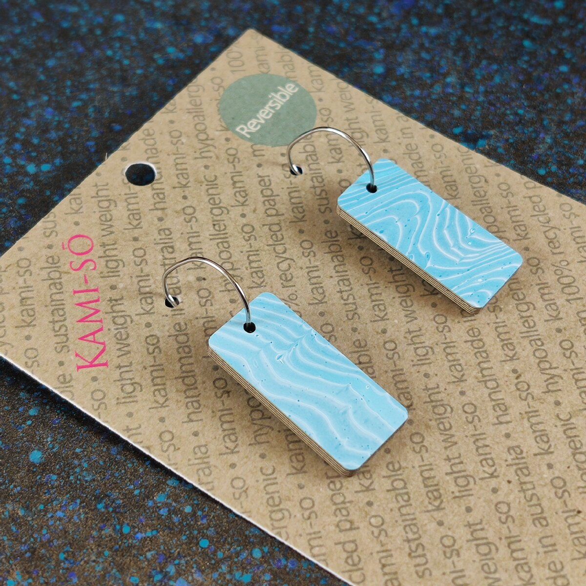 Reversible Rectangle Recycled Paper Earrings - Dark Blue Speckle / Light Blue Swirl