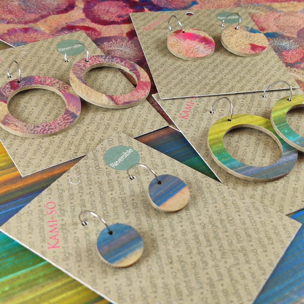 Reversible Circle Recycled Paper Earrings - Plum, Grey & Blue / Multicolour Stripes