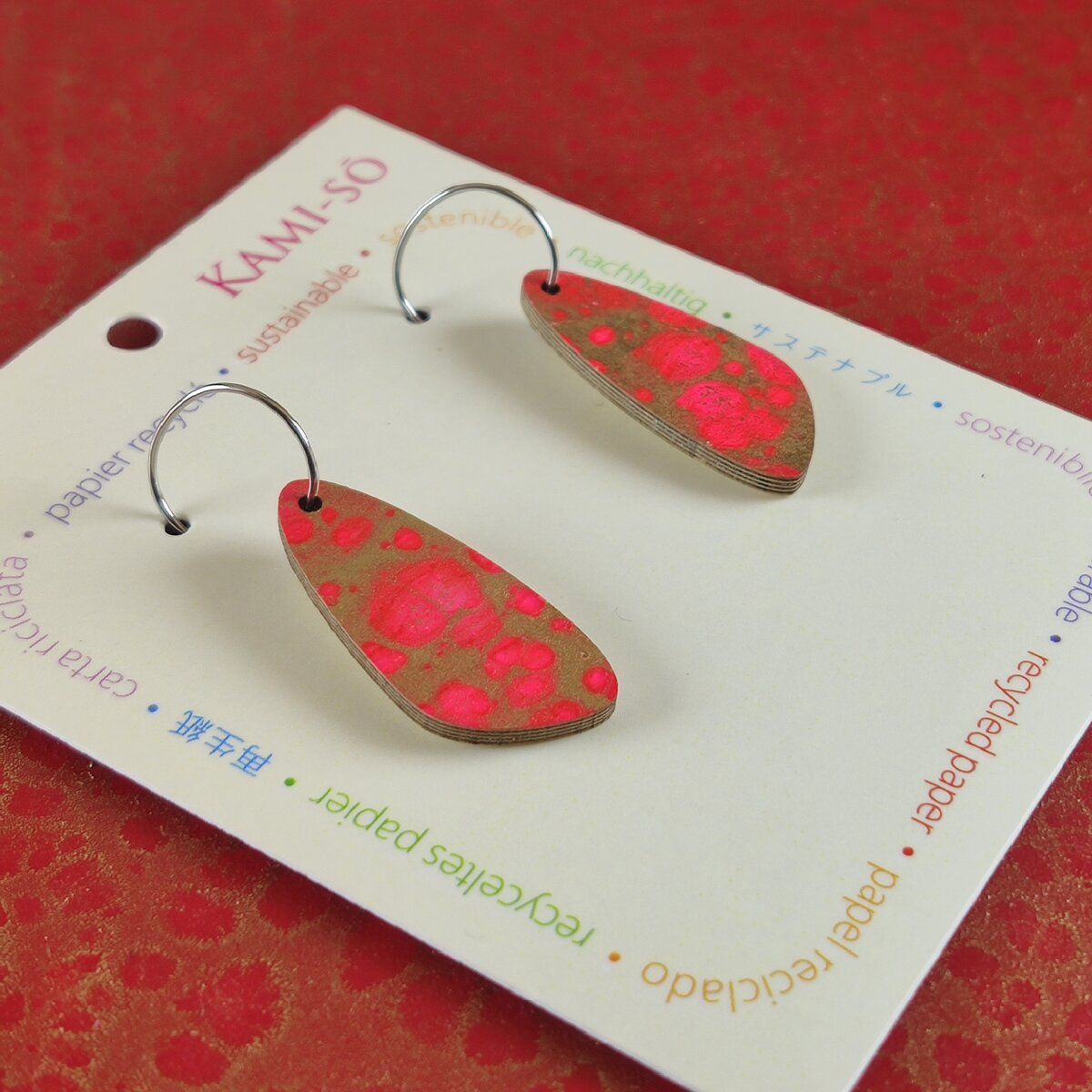 Oval Recycled Paper Earrings - Red & Gold Crackle