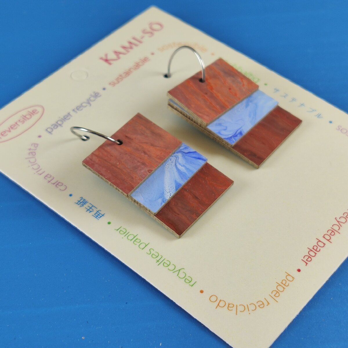 Reverse-A-Tile Fan Rectangle Recycled Paper Earrings - Earthy Mix & Blue / Light Grey, Yellow & Blue