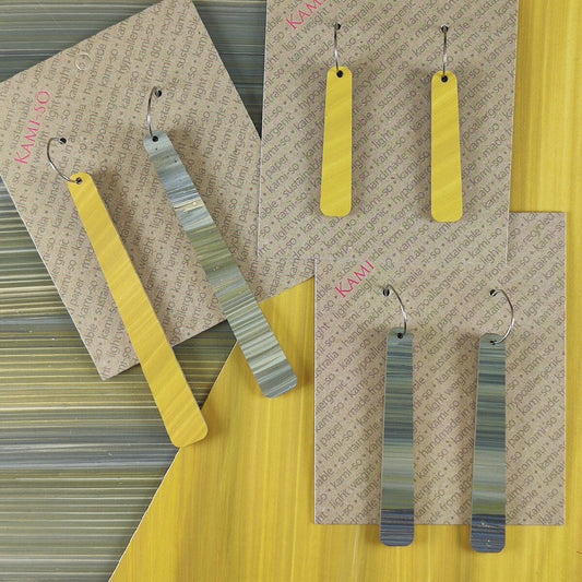 Reversible Paddle Recycled Paper Earrings - Grey Stripes / Yellow Stripes