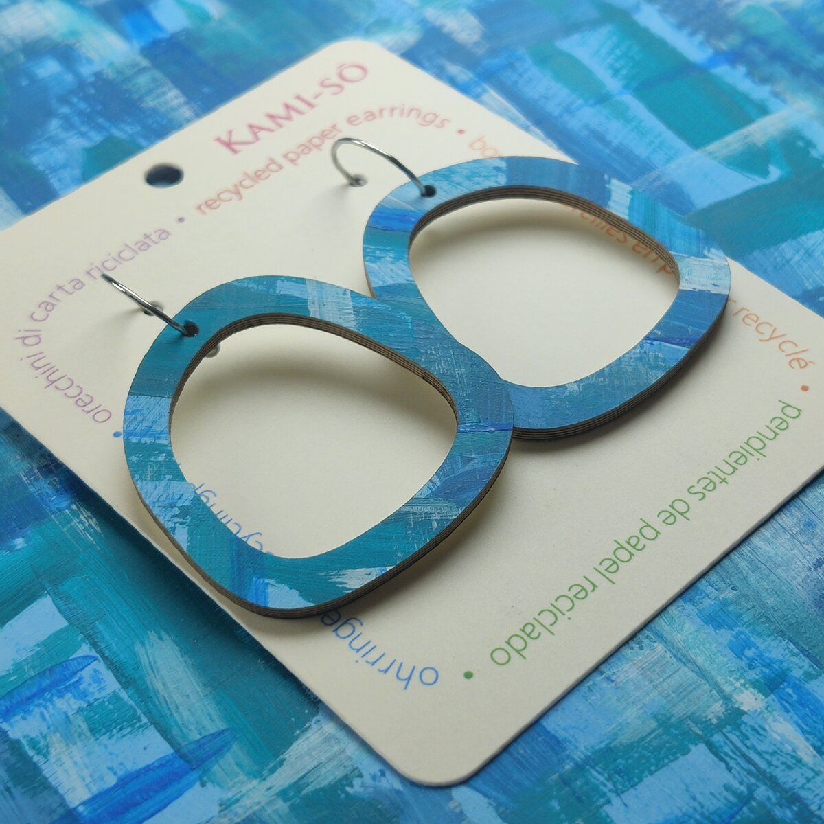 Square Recycled Paper Earrings - Blue Brushstrokes