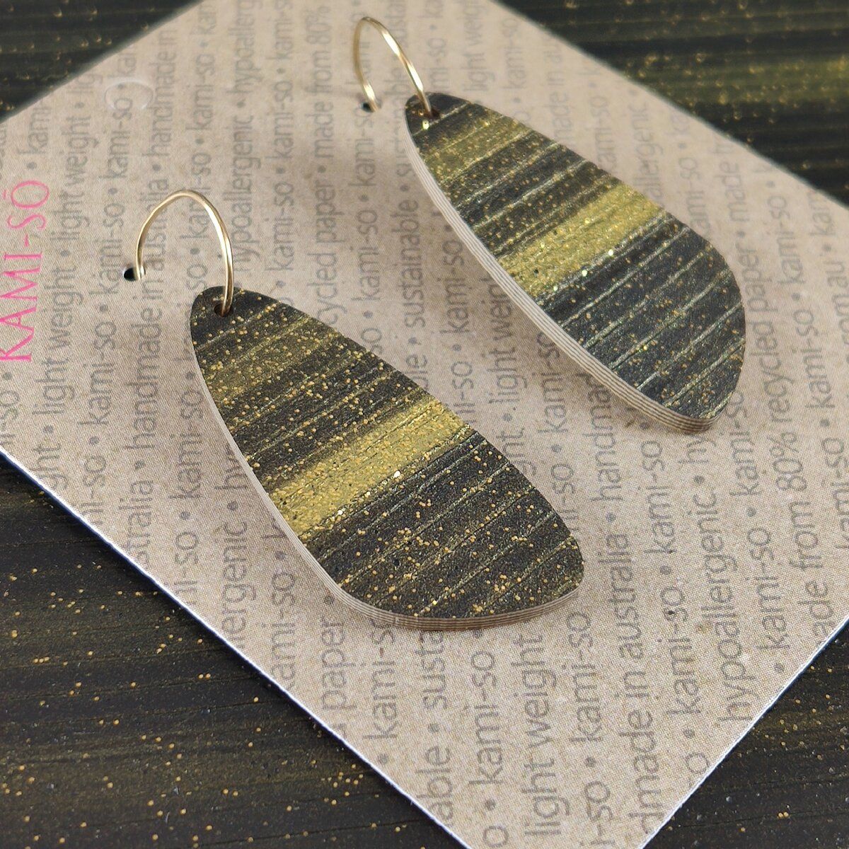 Oval Recycled Paper Earrings - Black & Gold Stripe