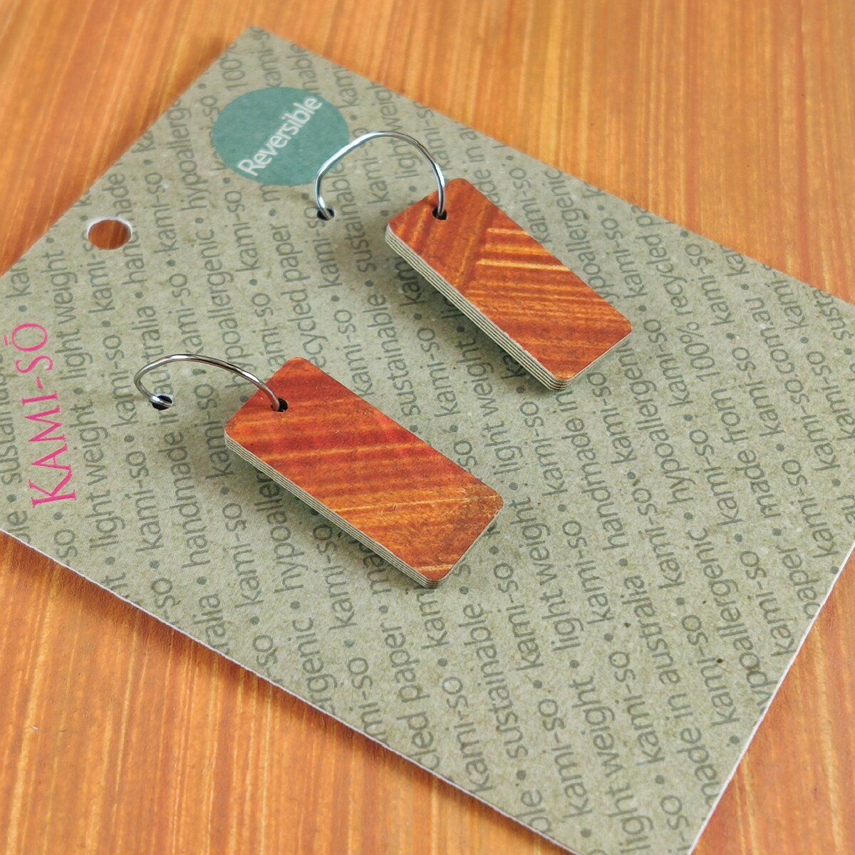 Reversible Rectangle Recycled Paper Earrings - Ocean Blue / Burnt Orange