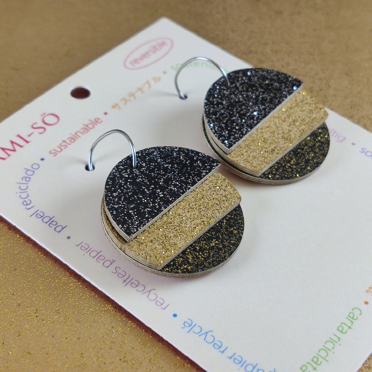 Reverse-A-Tile Fan Circle Recycled Paper Earrings - Red, Green, Silver, Gold & Black Sparkle