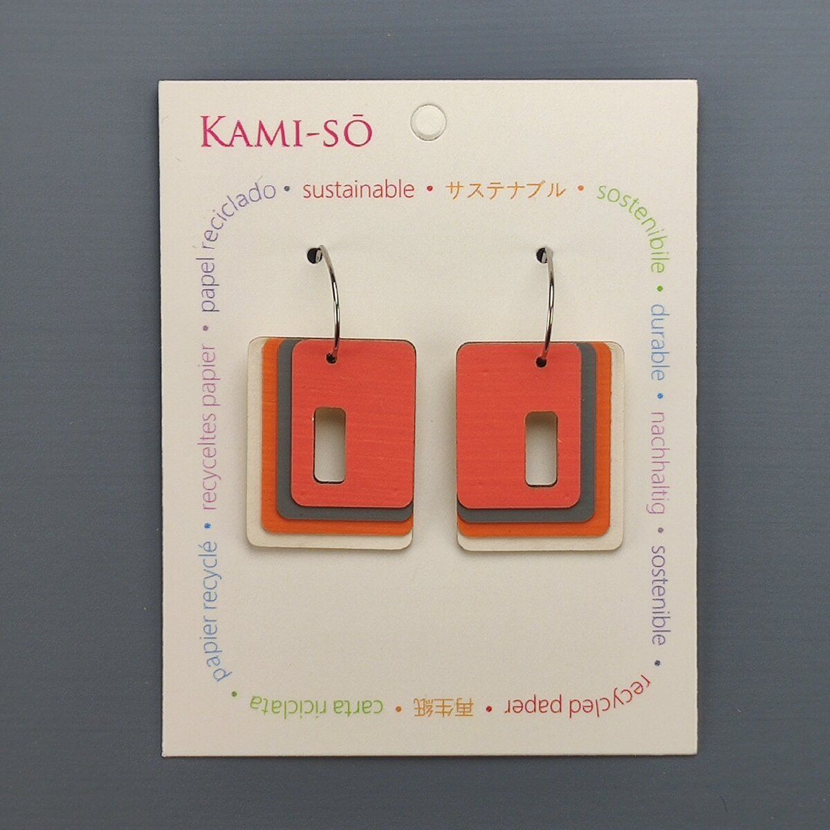 Rectangle Hoop Layered Recycled Paper Earrings - Orange, Brown & White