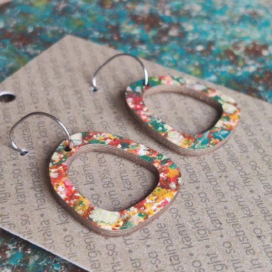 Mini Recycled Paper Earrings - Dark Green & Orange Speckle