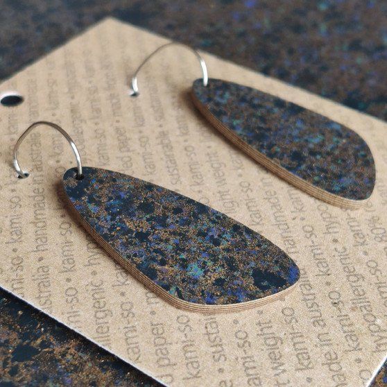 Oval Recycled Paper Earrings - Navy & Gold