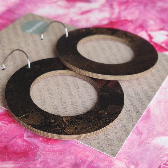 Reversible Circle Recycled Paper Earrings - Black & Gold / Pink