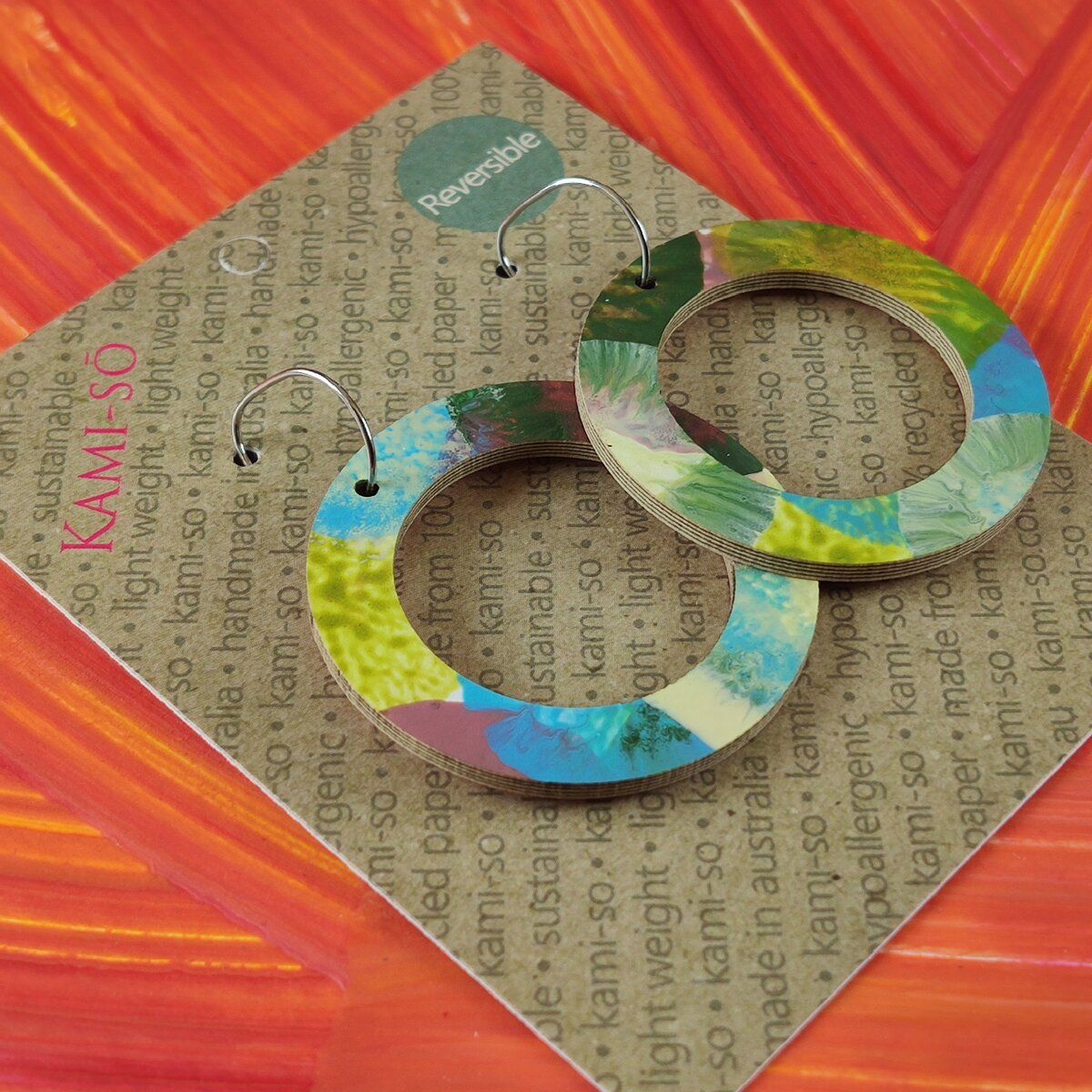 Reversible Circle Recycled Paper Earrings - Orange Swipe / Blue, Green, Plum & Gold