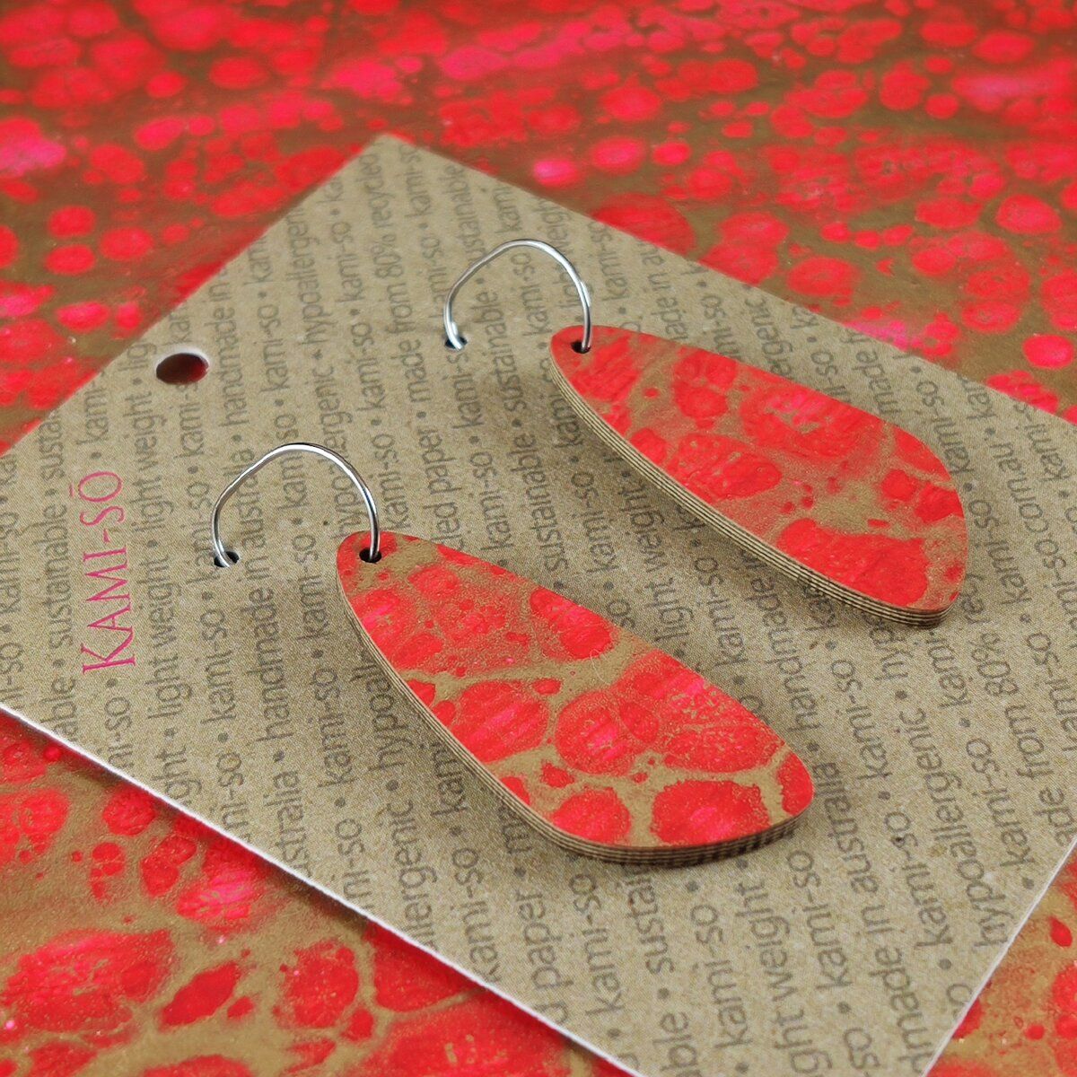 Oval Recycled Paper Earrings - Red & Gold Crackle