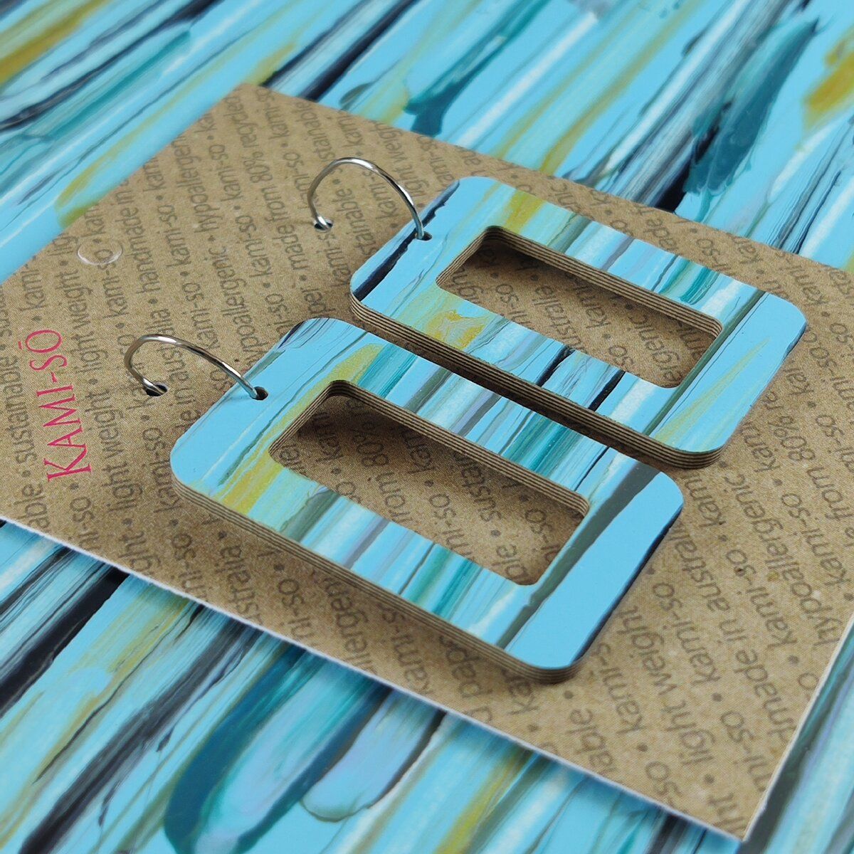 Reversible Rectangle Recycled Paper Earrings - Blue Swipe / Red Swipe