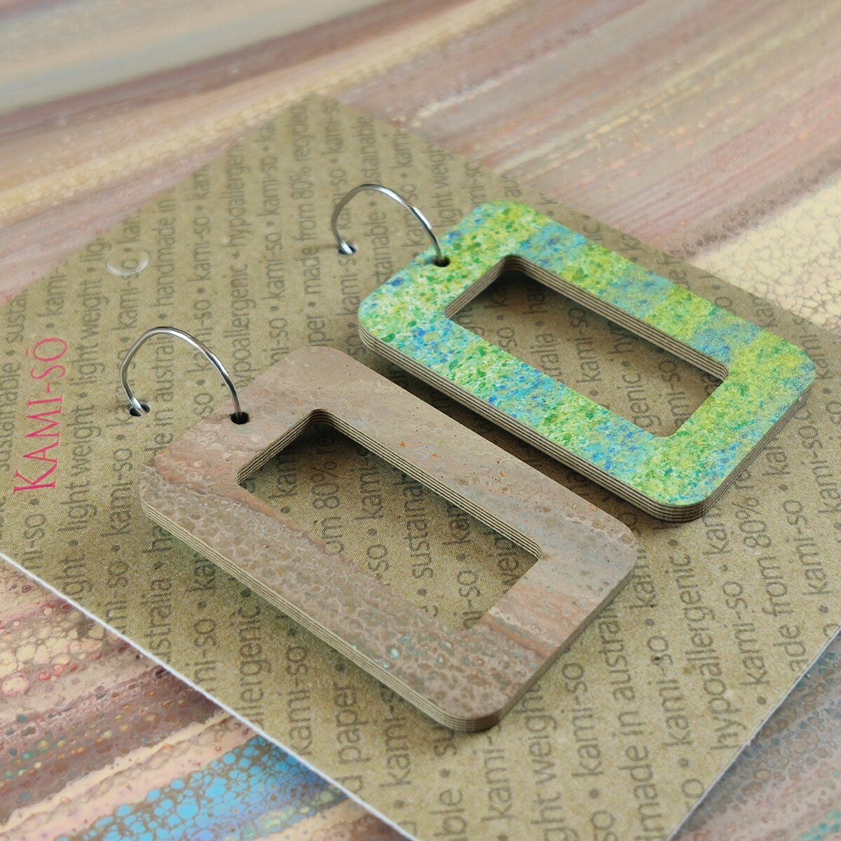 Reversible Rectangle Recycled Paper Earrings - Muted Slate Crackle / Blue Green Speckle