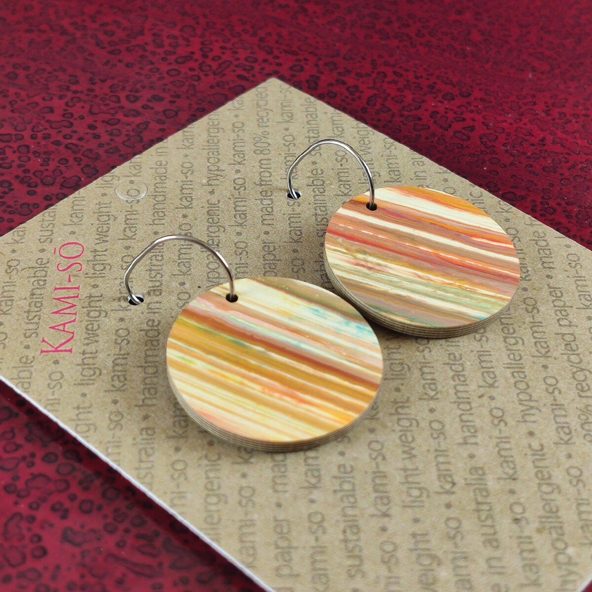 Reversible Circle Recycled Paper Earrings - Wine Crackle / Multicolour Stripes