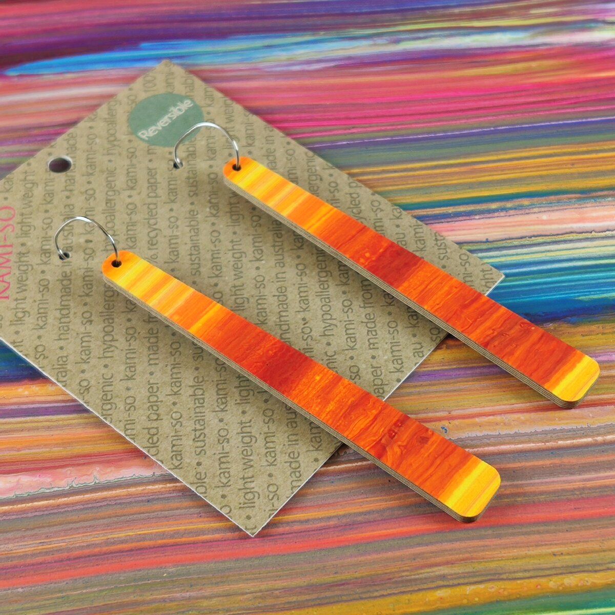 Reversible Paddle Recycled Paper Earrings - Multicolour Stripes / Fire Stripes