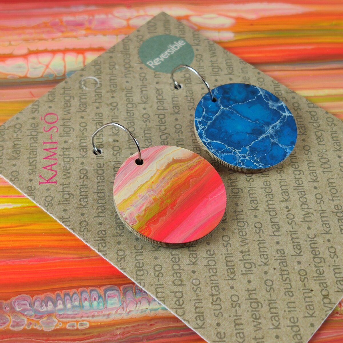 Reversible Circle Recycled Paper Earrings - Orange Multicolour Stripes / Blue Crackle