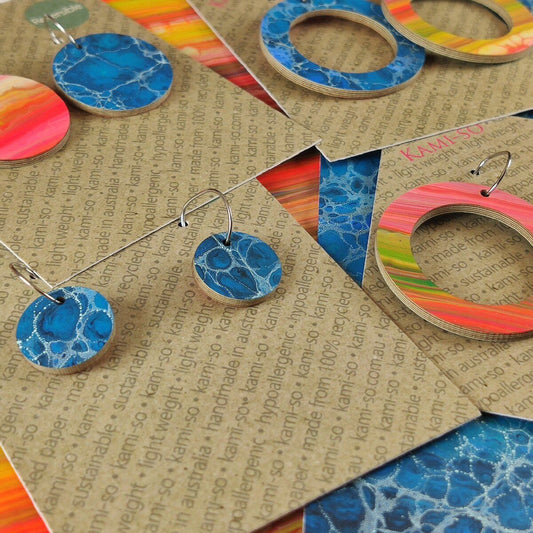 Reversible Circle Recycled Paper Earrings - Orange Multicolour Stripes / Blue Crackle