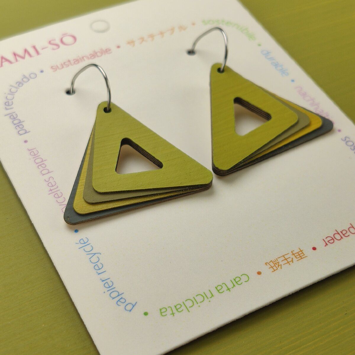 Triangle Layered Recycled Paper Earrings - Olive & Grey